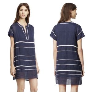 Vince Navy 100% Ramie Lace Inset Lined Popover Split V Neck Dress Size 0